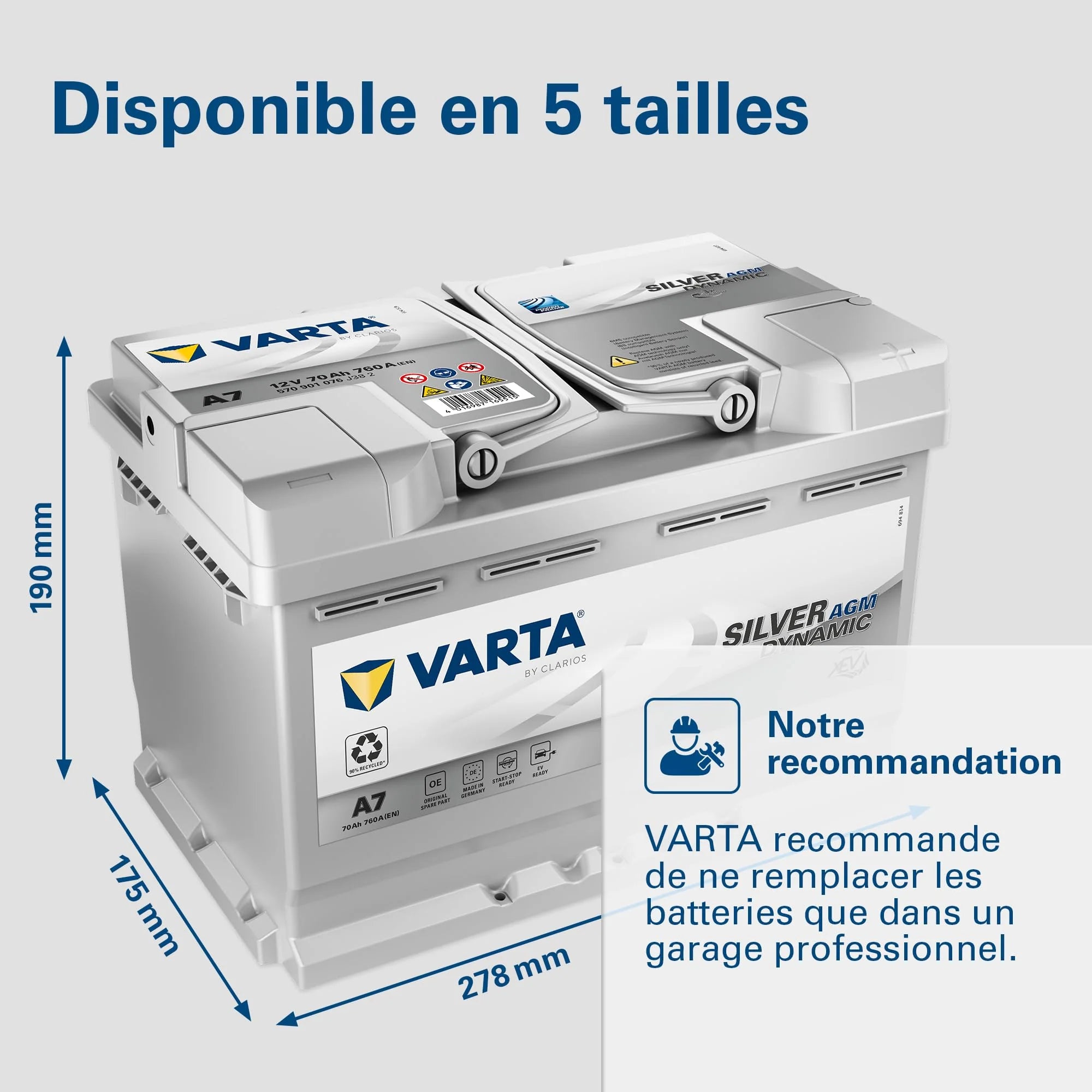 Batterie de démarrage XEV Varta Silver Dynamic AGM L3 A7 12V 70Ah / 760A 570901076