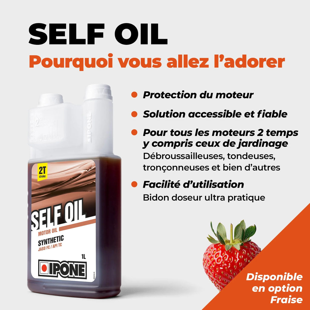 IPONE – Huile Moto Self Oil – Lubrifiant Semi Synthétique - Pour tous les engins 2 temps de Jardinage - senteur Fraise - Lubrification Optimale - Protection Moteur - Bidon 2 Litres