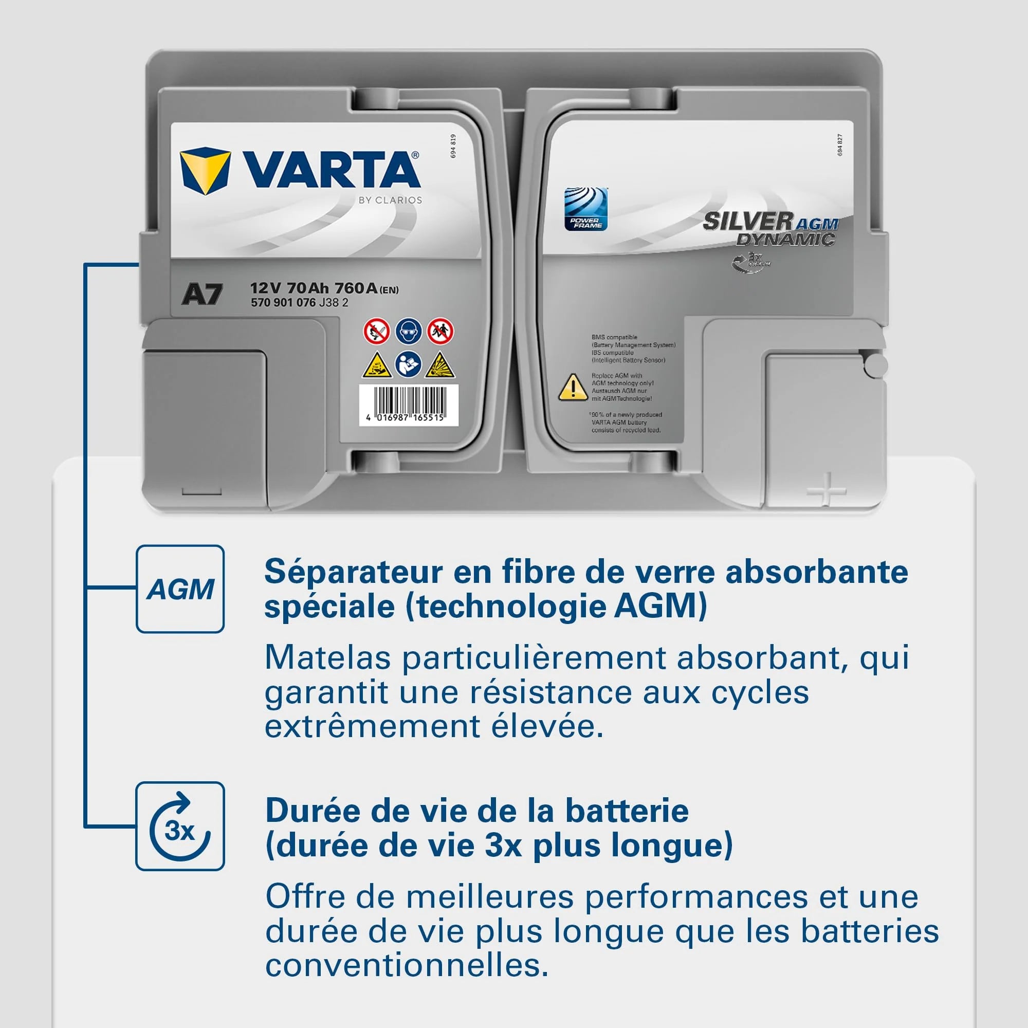 Batterie de démarrage XEV Varta Silver Dynamic AGM L3 A7 12V 70Ah / 760A 570901076
