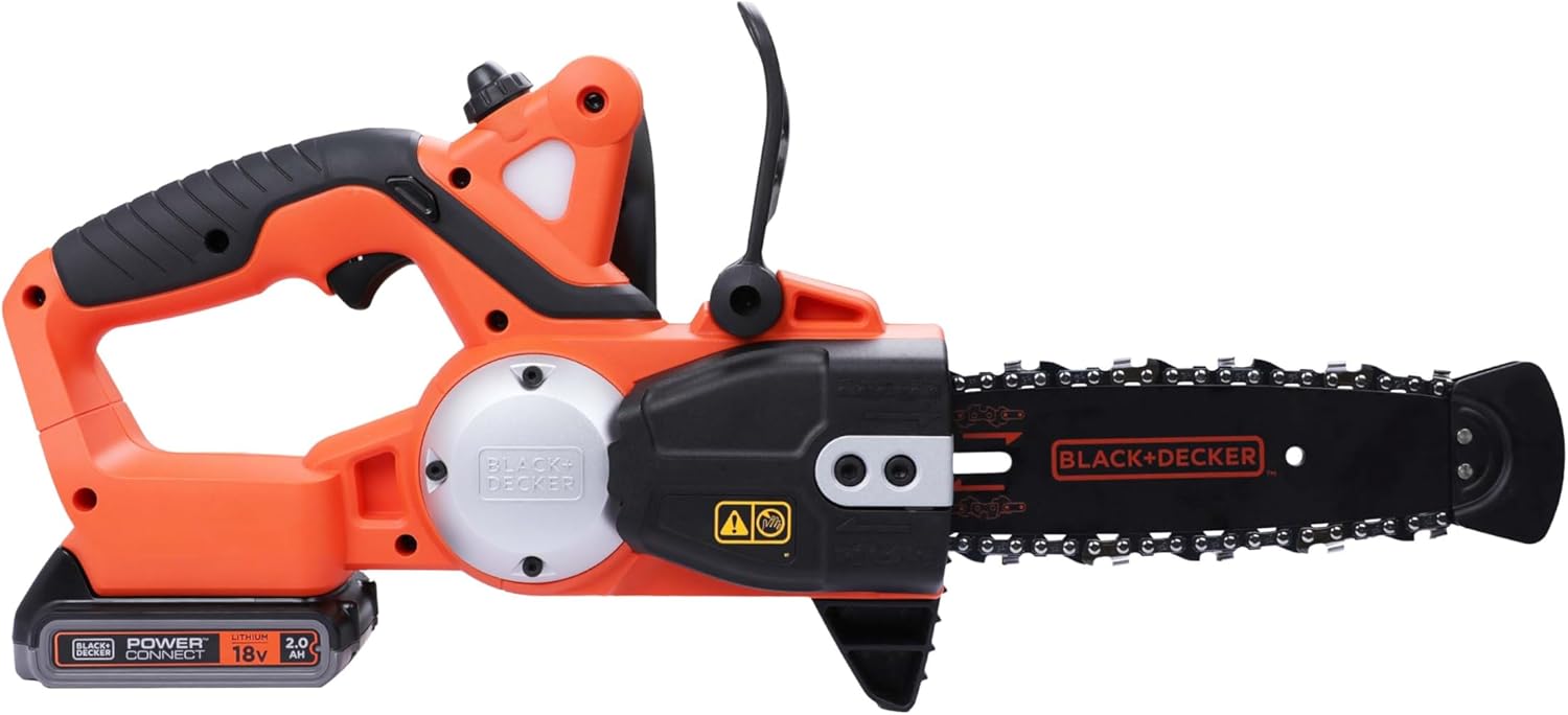 BLACK+DECKER - Trononneuse sans fil - 3,1 m/s - 2 Ah - réservoir de 25 ml - Double interrupteur - protection main gauche et frein de chaîne instantané - GKC1820L20-QW 