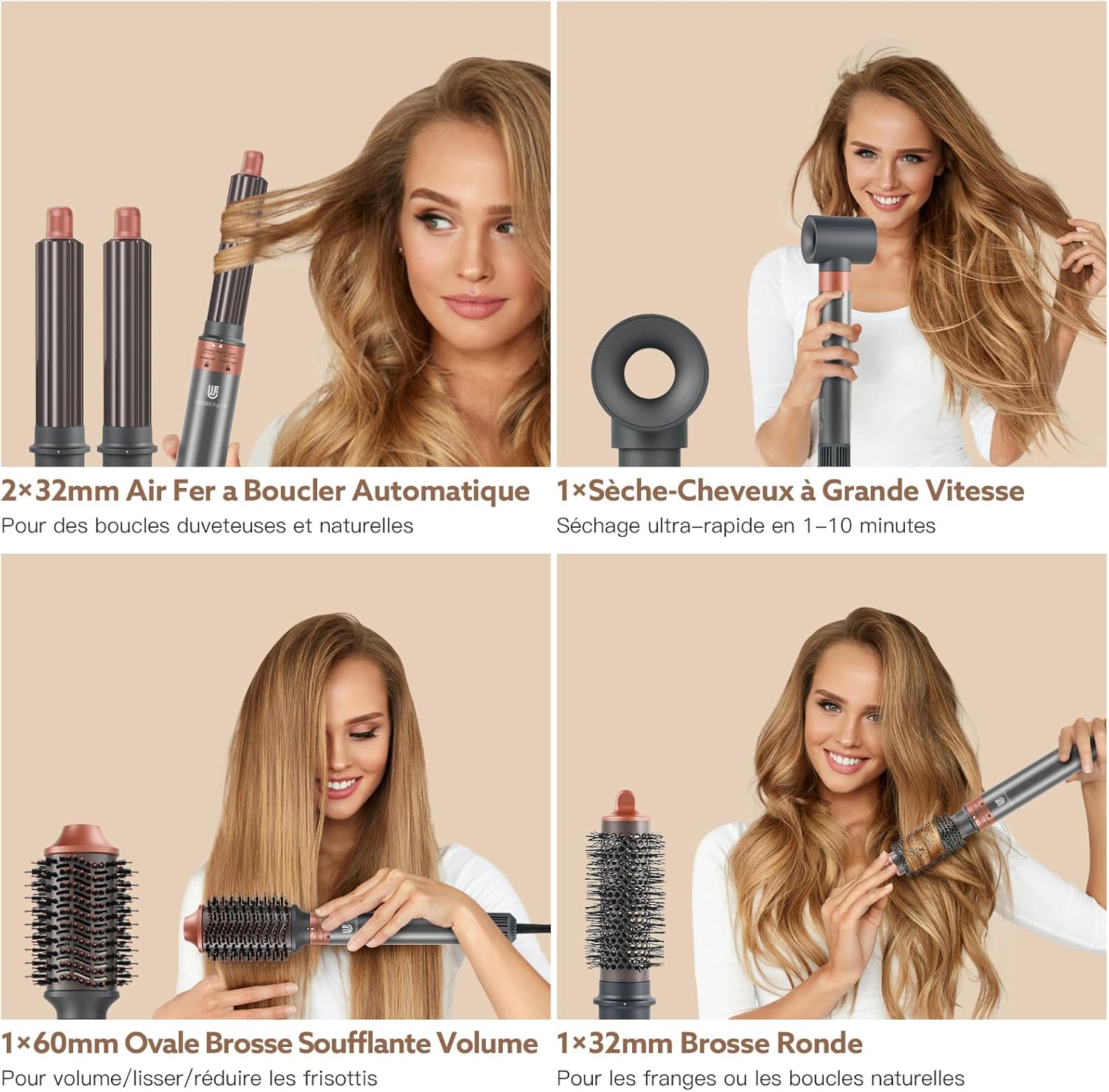 [5 in 1]webeauty Air Styler, 110000 TR/MIN, 20M/S Seche Cheveux 200 Million Ion Négatif Brosse Soufflante, Brosse Chauffante Brushing Volume, Brosse Ronde Chauffante, Air Fer a Boucler Automatique