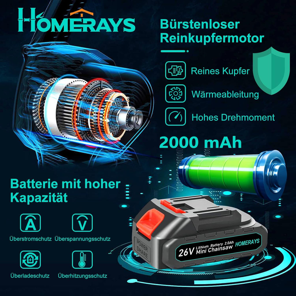 Mini Trononneuse a Batterie 4000mAh, 8 &amp; 6 Pouces Lubrificateur Automatique et électrique Trononneuse 2 * 2000mAh brushless Elagueur, Pour La Coupe Du Bois, Branches, L'élagage, La Cour, Jardin