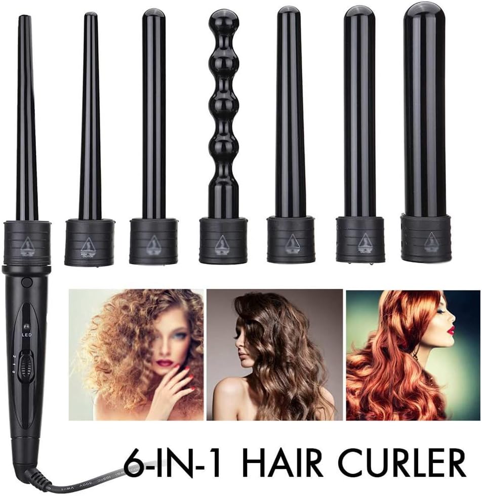 KKMNDE 6 en 1 9-32mm Interchangeable Professionnel en céramique bigoudi Rotatif Fer à friser Baguette bigoudis Soins des Cheveux Outils de Coiffure