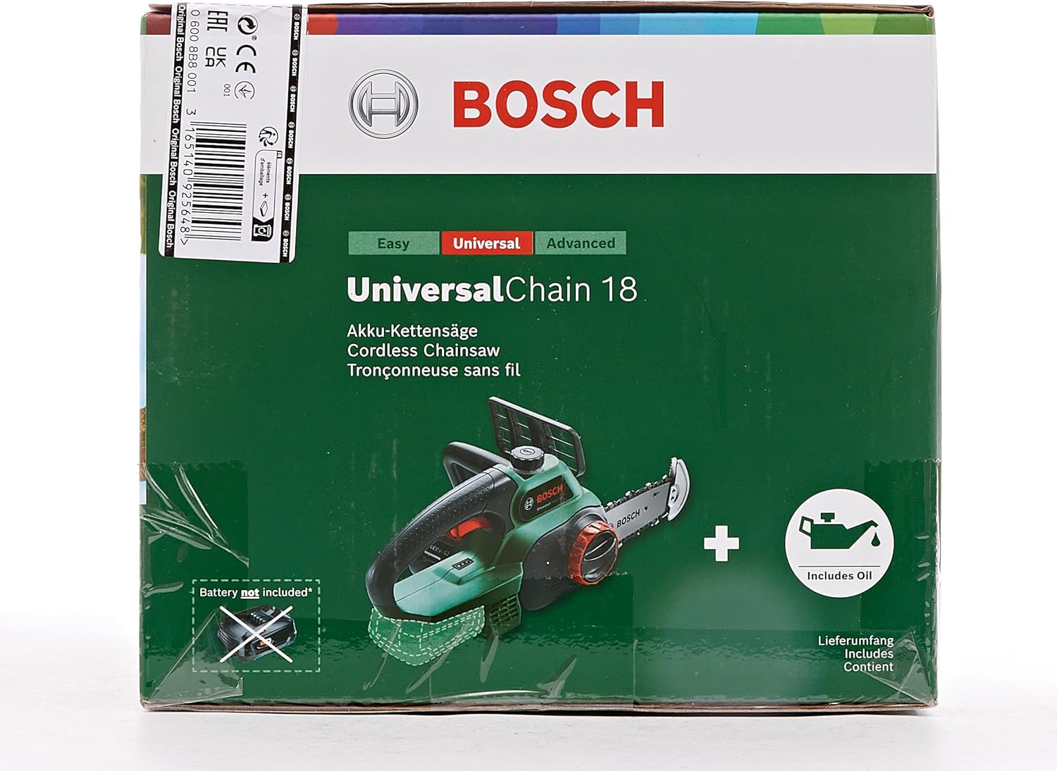 Bosch Home and Garden Trononneuse sans fil - UniversalChain 18 (Livrée sans batterie ni chargeur, avec huile 80 ml, système 18V, longueur de guide: 20cm) 06008B8001 Vert