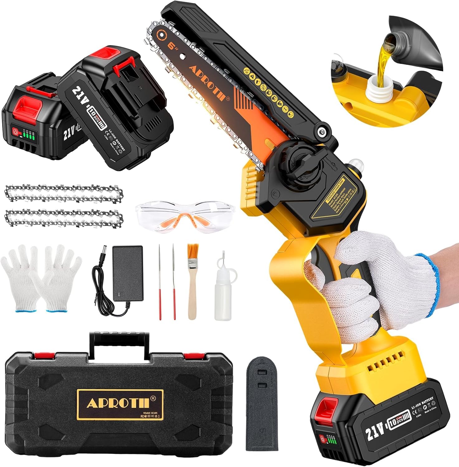 APROTII Mini Trononneuse à Batterie 8000mAh, 900W Brushless Scie à Batterie pour l'lagage, Tension de Chane Sans Outils, Trononneuse lectrique à Batterie pour la Coupe du Bois et Jardinage