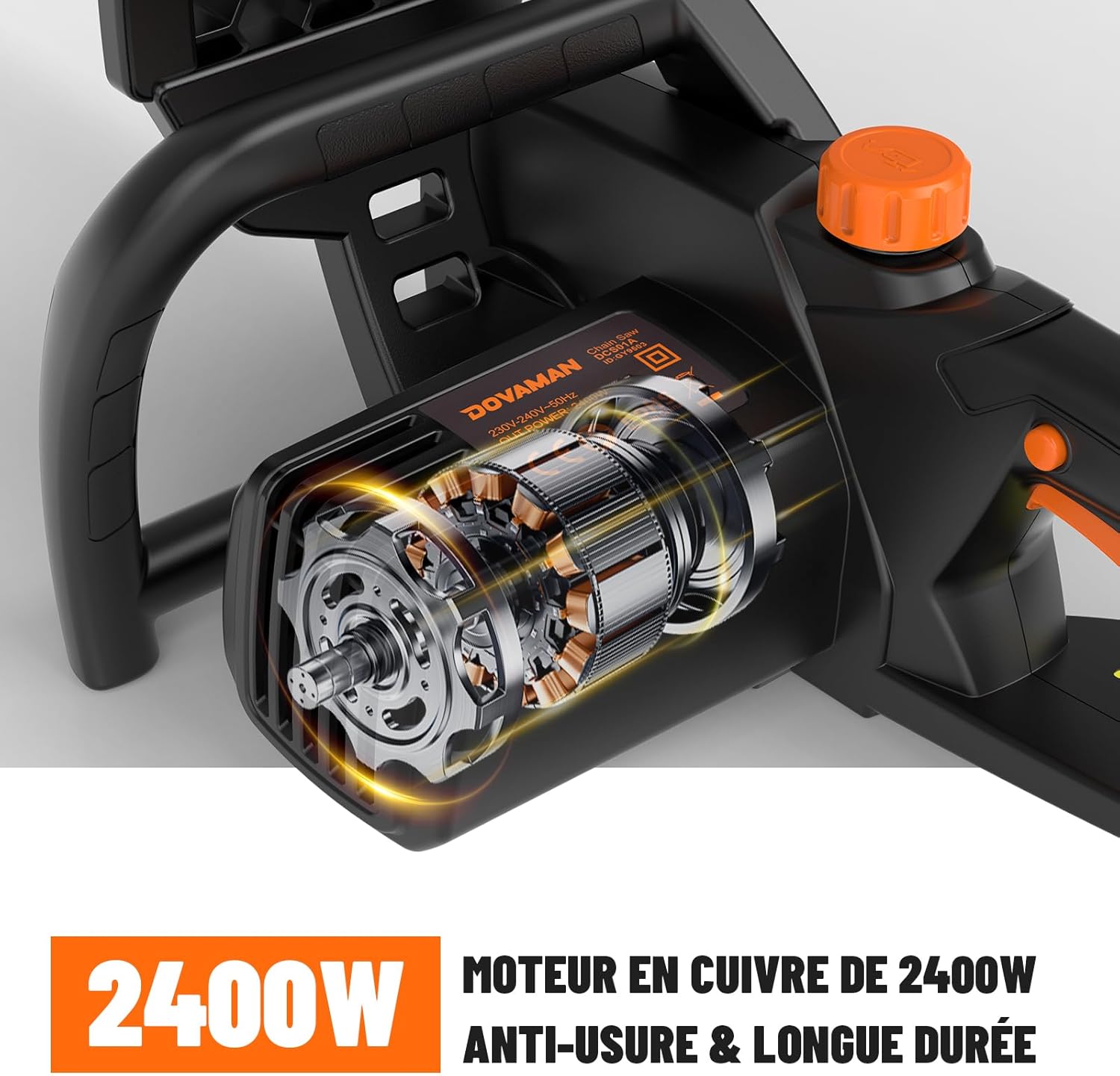DOVAMAN Trononneuse lectrique 2400W, avec Système de Tension Automatique SDS, 40cm Guide et Chane Oregon, 15m/s Vitesse de Chane, Lubrification Automatique, Frein Mécanique, 2 Chanes - DCS01A
