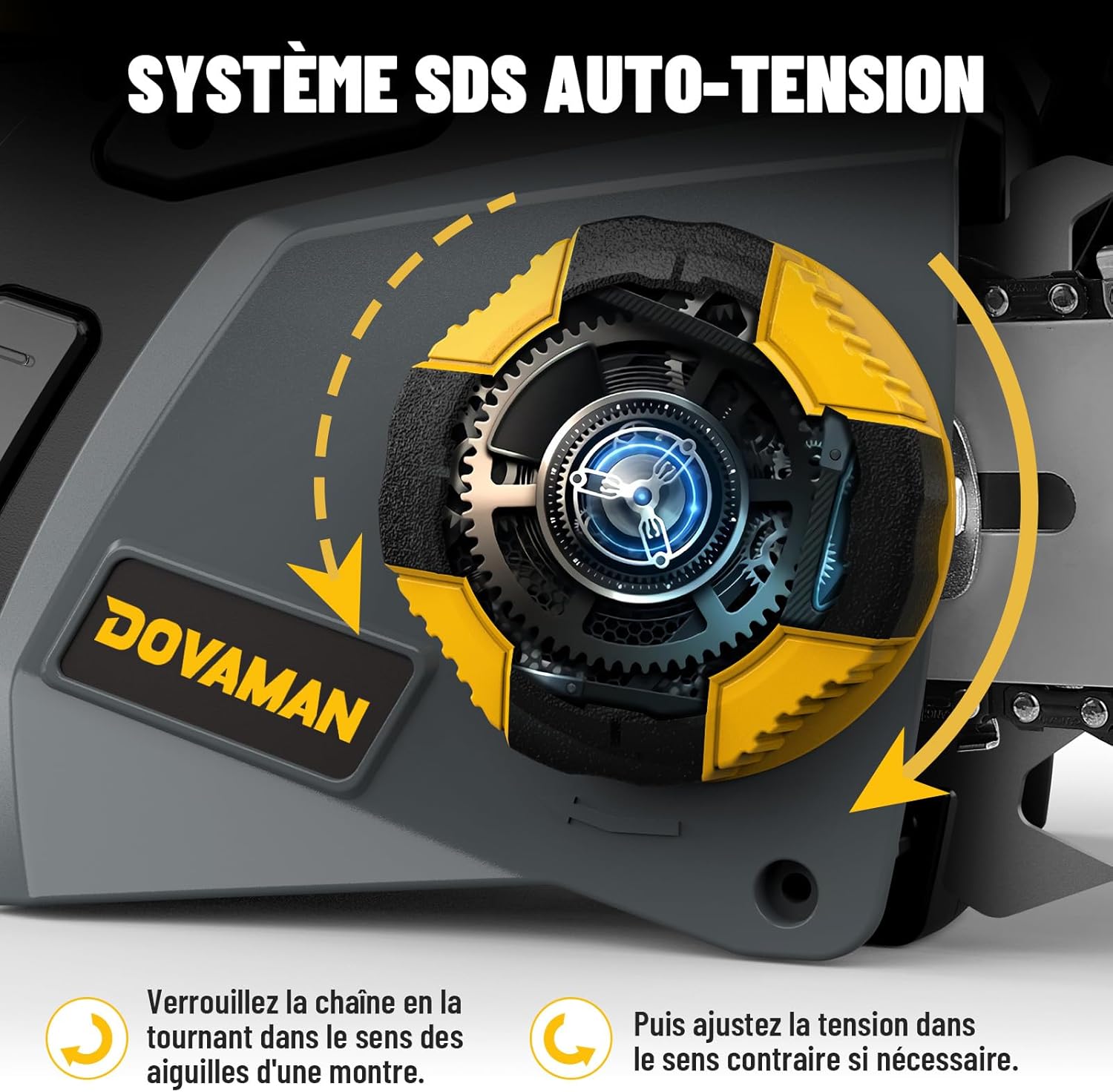 DOVAMAN Trononneuse lectrique 2400W, avec Système de Tension Automatique SDS, 40cm Guide et Chane Oregon, 15m/s Vitesse de Chane, Lubrification Automatique, Frein Mécanique, 2 Chanes - DCS01A