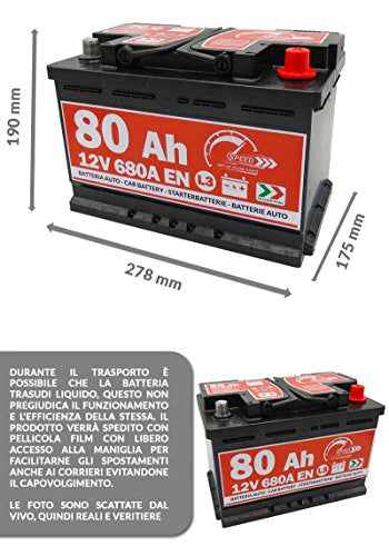 Speed ​​Batterie de démarrage pour voiture, d'origine Speed ​​L3, 12 V 80 Ah 680 A, pôle positif à droite (278 x 190 x 175 mm)