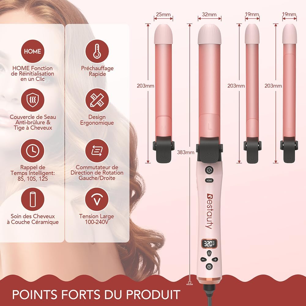 Bestauty Boucleur Automatique 4 en 1 Professionnel, Fer à Boucler avec 4 Barres Chauffantes, Fer à Friser avec Rotation à 360°, Affichage LCD, Chauffage Rapide et Revêtement en Céramique, 160°-220°C