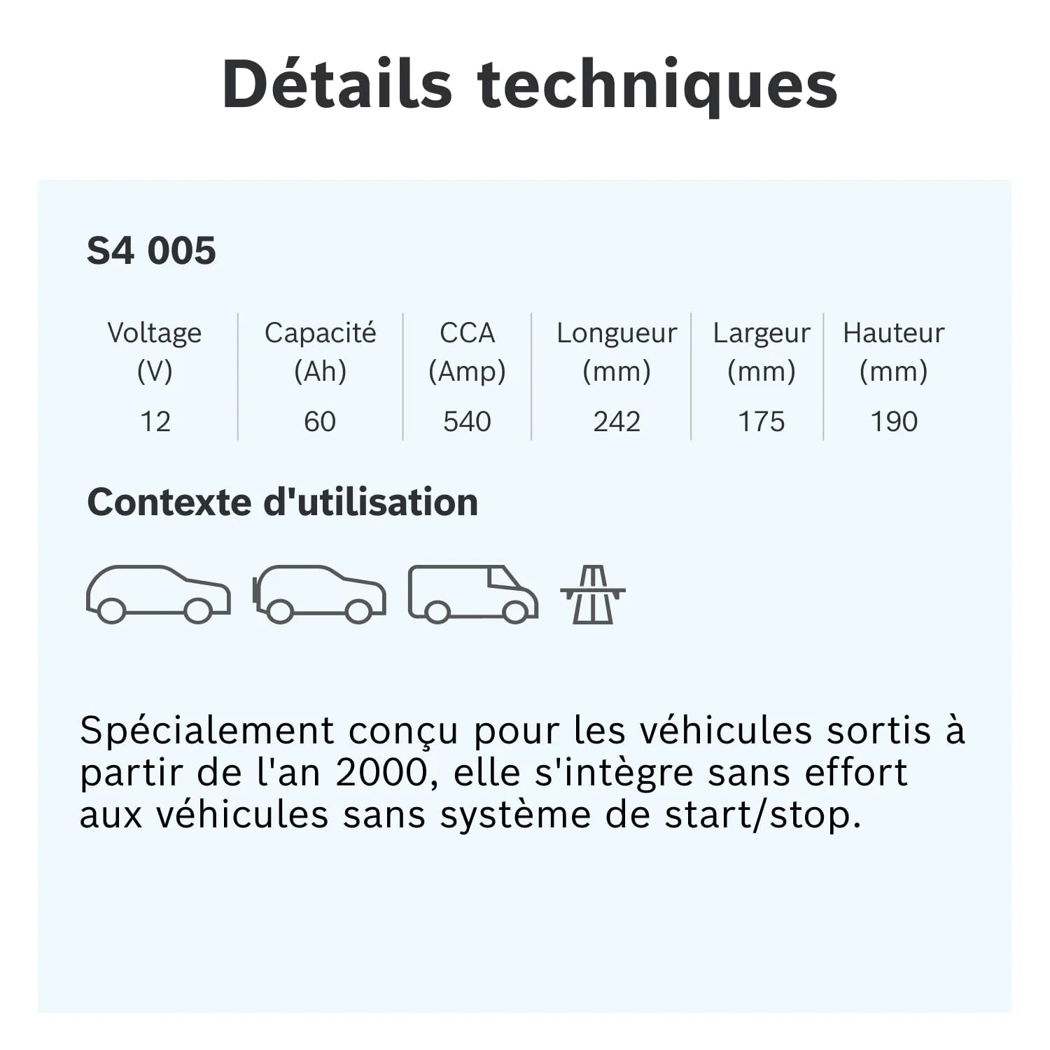 Bosch S4 005 Batterie Auto 60 A/h - 540 A - Batterie 12 V, Plomb-acide pour Véhicules sans Système Start/Stop, Polarité Gauche (-) Droite (+), 242 x 175 x 190 mm