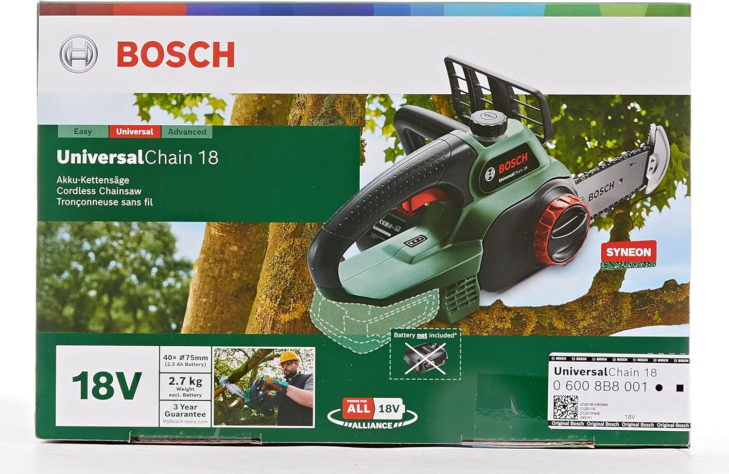 Bosch Home and Garden Trononneuse sans fil - UniversalChain 18 (Livrée sans batterie ni chargeur, avec huile 80 ml, système 18V, longueur de guide: 20cm) 06008B8001 Vert