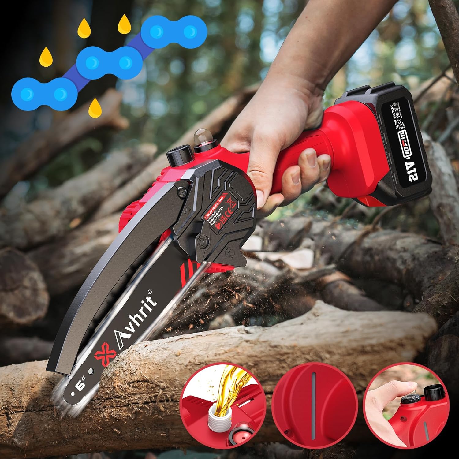 Avhrit Mini Trononneuse à Batterie, 8 Pouces, 8000 mAh Trononneuse lectrique Sans Fil Brushless avec 2 Batteries 4.0 Ah et Système de Lubrification, Idéale pour Branches, Cour et Jardin