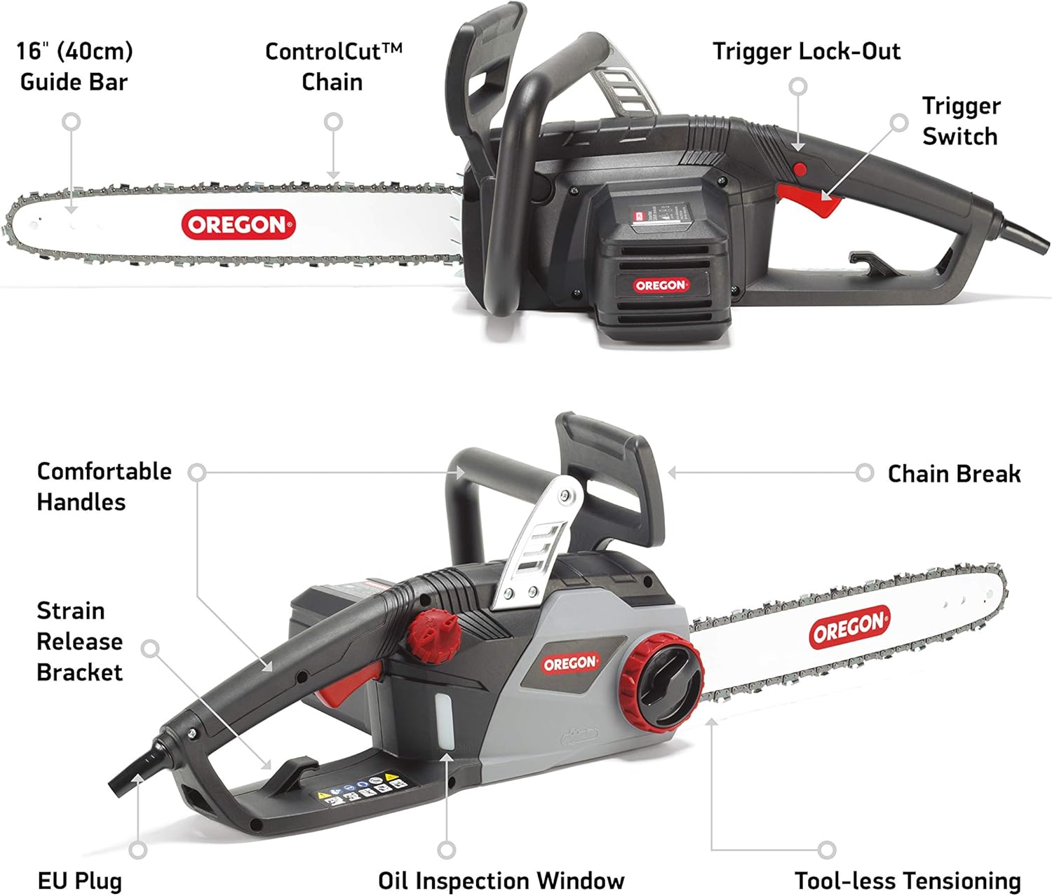 OREGON CS1400 - Trononneuse lectrique 2400W Puissante avec Guide-Chane de 40 cm, Moteur 230V, Technologie ControlCut, Trononneuse Filaire Silencieuse & Légère, Garantie 3 ans