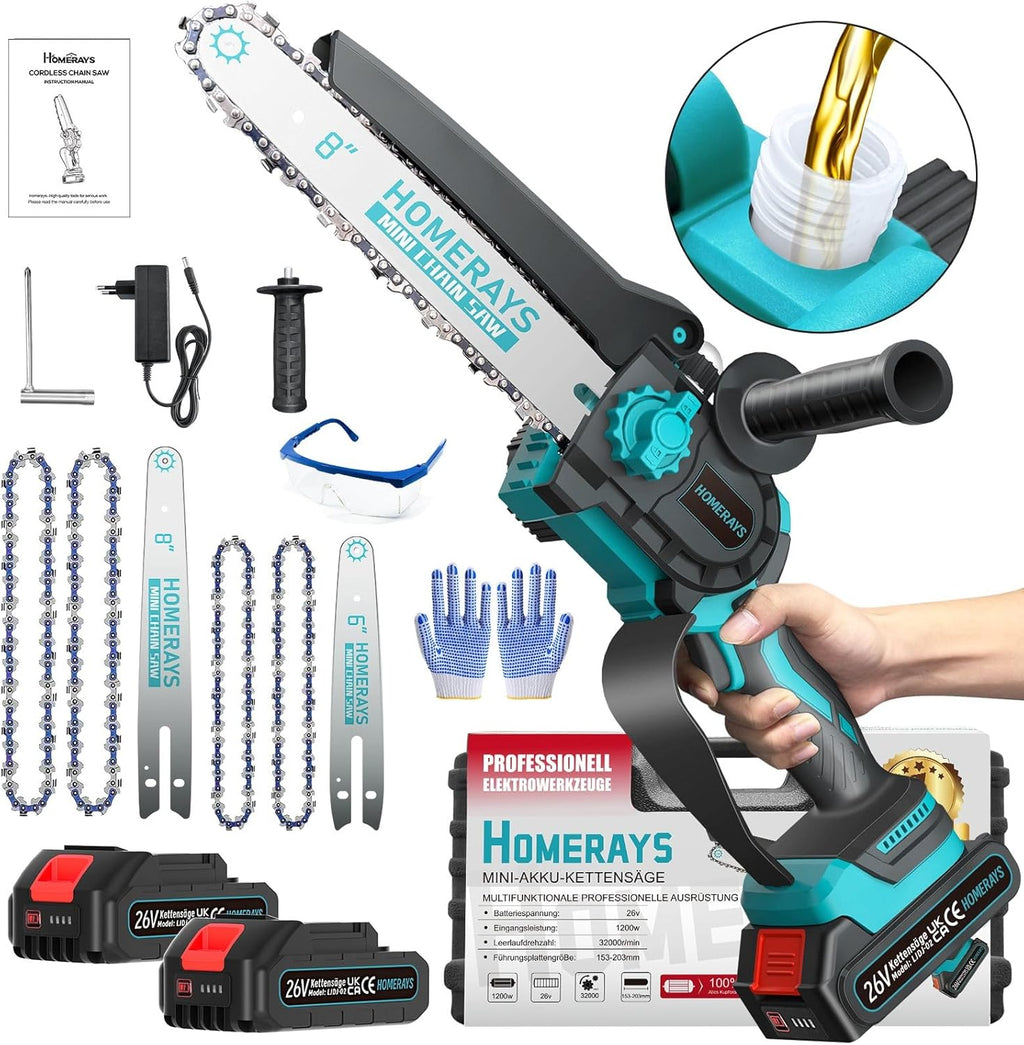 Mini Trononneuse a Batterie 4000mAh, 8 &amp; 6 Pouces Lubrificateur Automatique et électrique Trononneuse 2 * 2000mAh brushless Elagueur, Pour La Coupe Du Bois, Branches, L'élagage, La Cour, Jardin
