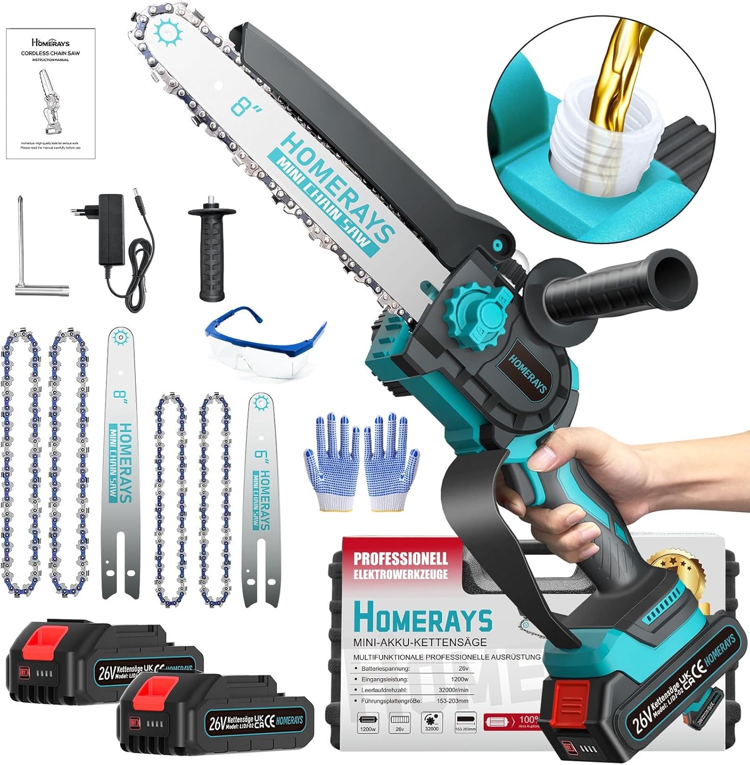 Mini Trononneuse a Batterie 4000mAh, 8 &amp; 6 Pouces Lubrificateur Automatique et électrique Trononneuse 2 * 2000mAh brushless Elagueur, Pour La Coupe Du Bois, Branches, L'élagage, La Cour, Jardin