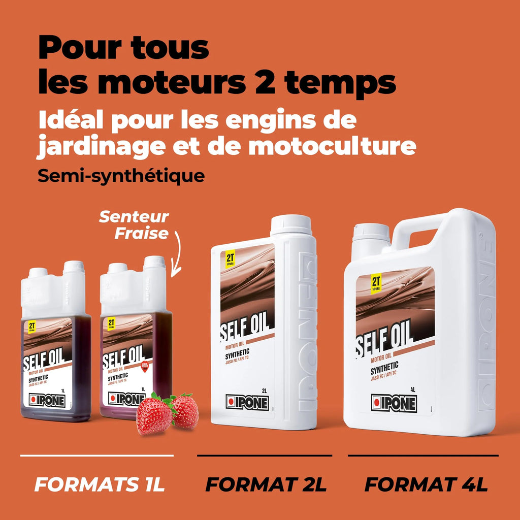 IPONE – Huile Moto Self Oil – Lubrifiant Semi Synthétique - Pour tous les engins 2 temps de Jardinage - senteur Fraise - Lubrification Optimale - Protection Moteur - Bidon 2 Litres