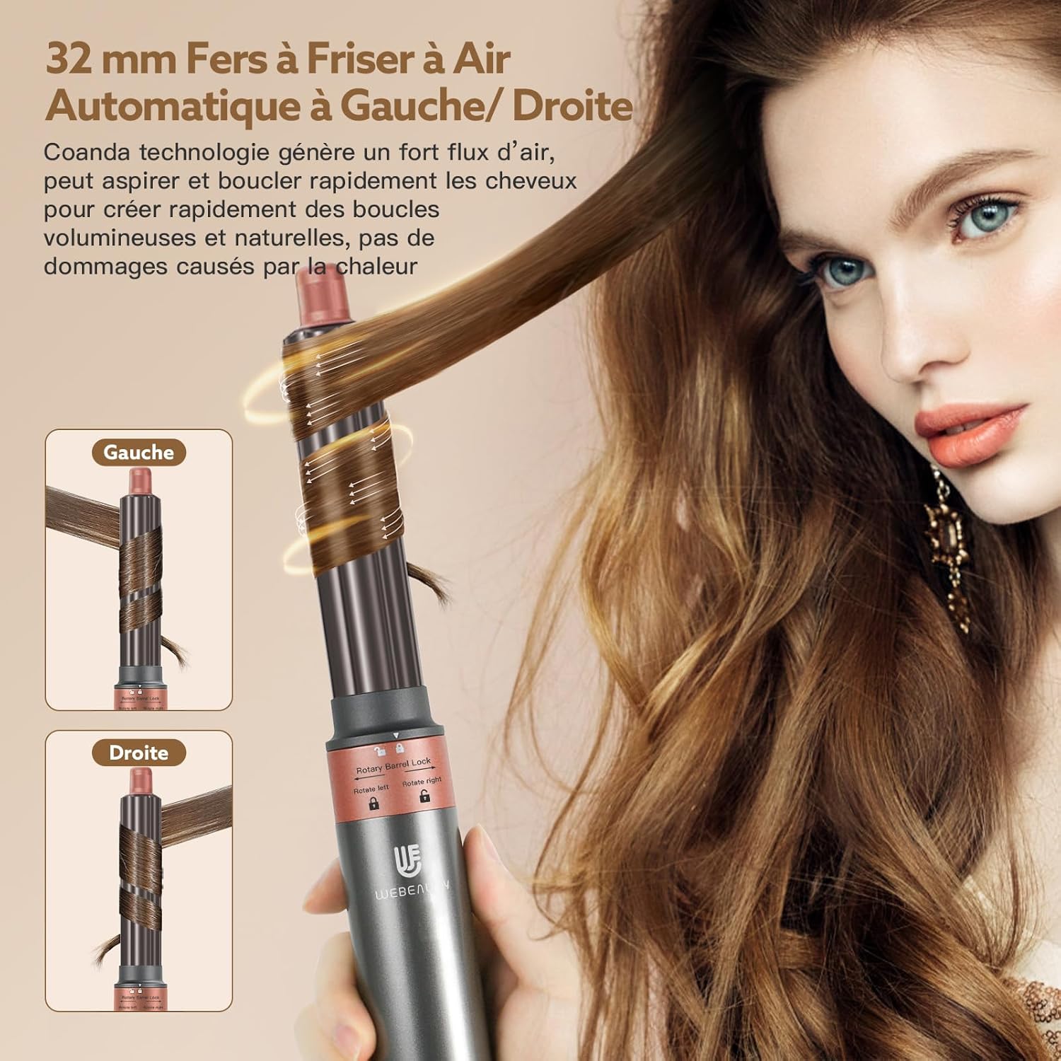 [5 in 1]webeauty Air Styler, 110000 TR/MIN, 20M/S Seche Cheveux 200 Million Ion Négatif Brosse Soufflante, Brosse Chauffante Brushing Volume, Brosse Ronde Chauffante, Air Fer a Boucler Automatique
