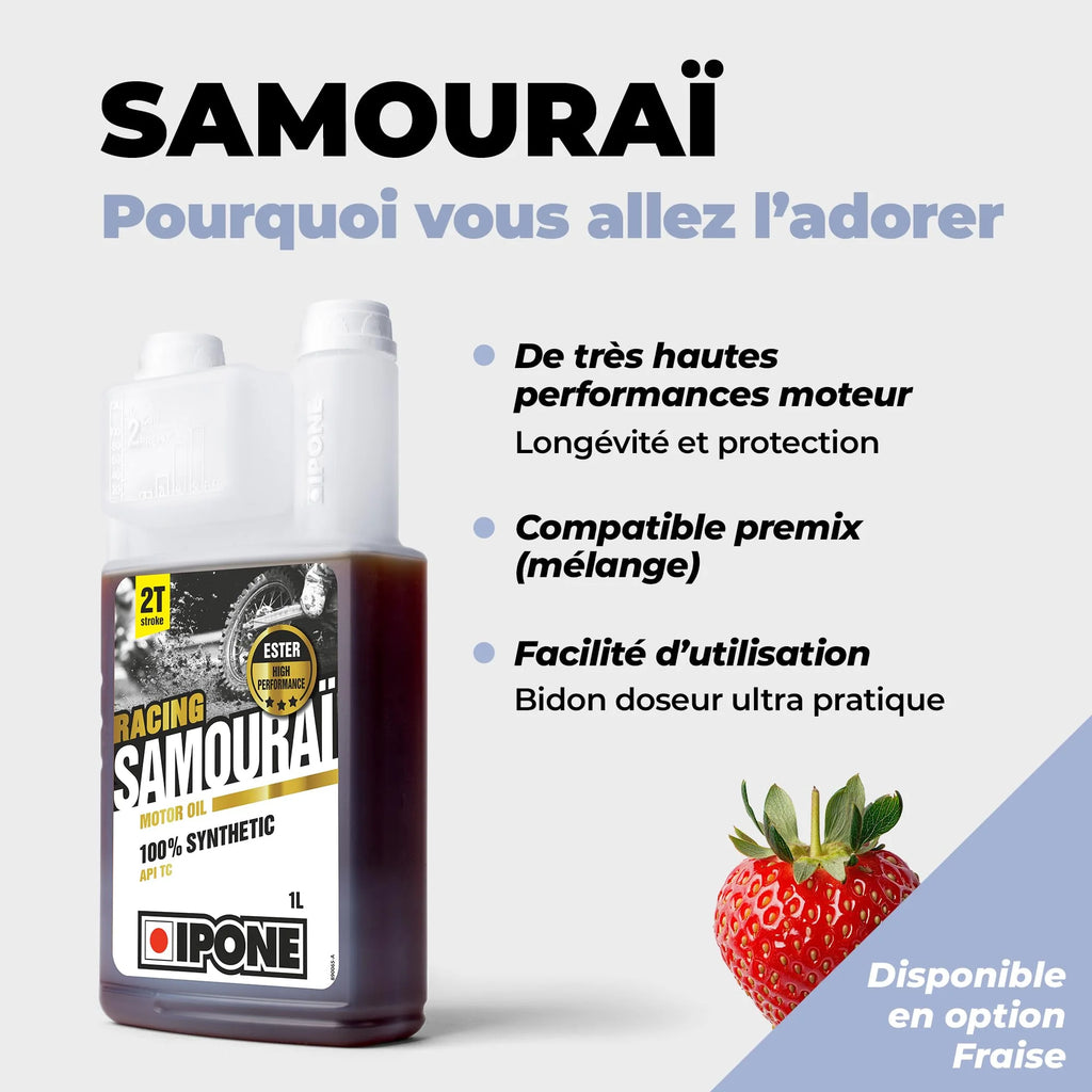 IPONE - Huile Moteur Moto 2 Temps Samouraï Racing - 100 % Synthétique avec Esters - Très Haute Performance – Compatible Mélange, Graissage Séparé, Systèmes d'injection - Bidon 5L dont 1L Offert