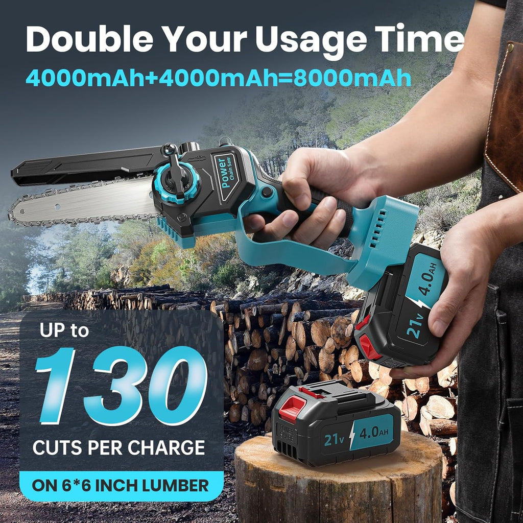 Mini Tronconneuse a Batterie 8000mAh, 6 Pouces 1000W Tronconneuse Electrique Sans Fil Brushless avec Graisseur Automatique, 4 Chanes, Elagueuse Batterie, Petite Trononneuse pour l'élagage le Jardin