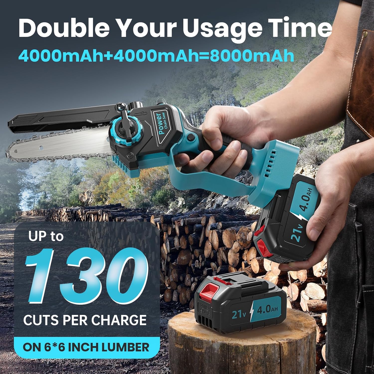 Mini Tronconneuse a Batterie 8000mAh, 6 Pouces 1000W Tronconneuse Electrique Sans Fil Brushless avec Graisseur Automatique, 4 Chanes, Elagueuse Batterie, Petite Trononneuse pour l'élagage le Jardin