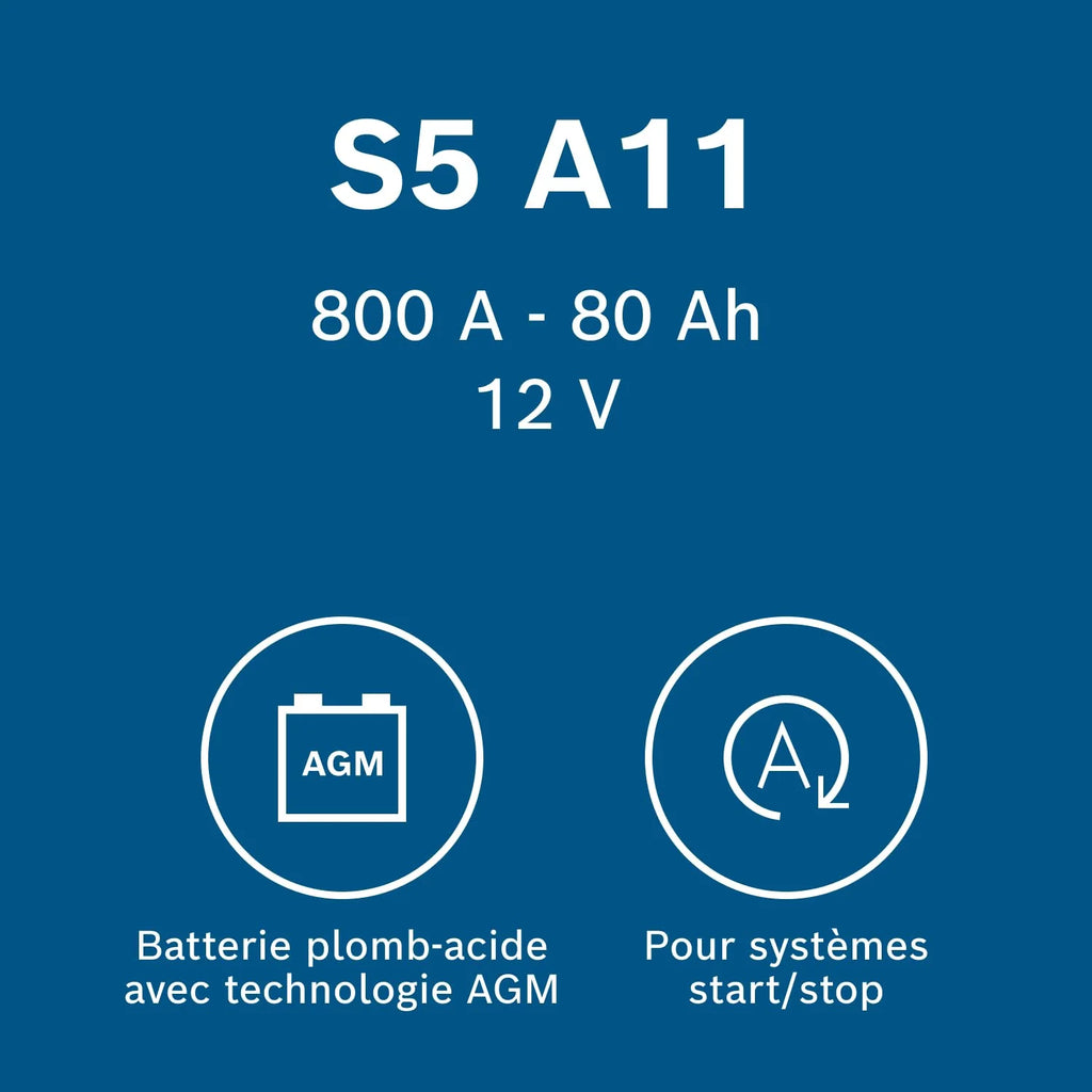 Bosch S5 A11 Batterie Auto 80 A/h - 800 A - Batterie 12 V, AGM Plomb-acide pour Véhicules avec Système Start/Stop, (-) (+), 315 x 175 x 190 mm - Pour Véhicules avec Récupération d'Énergie au Freinage