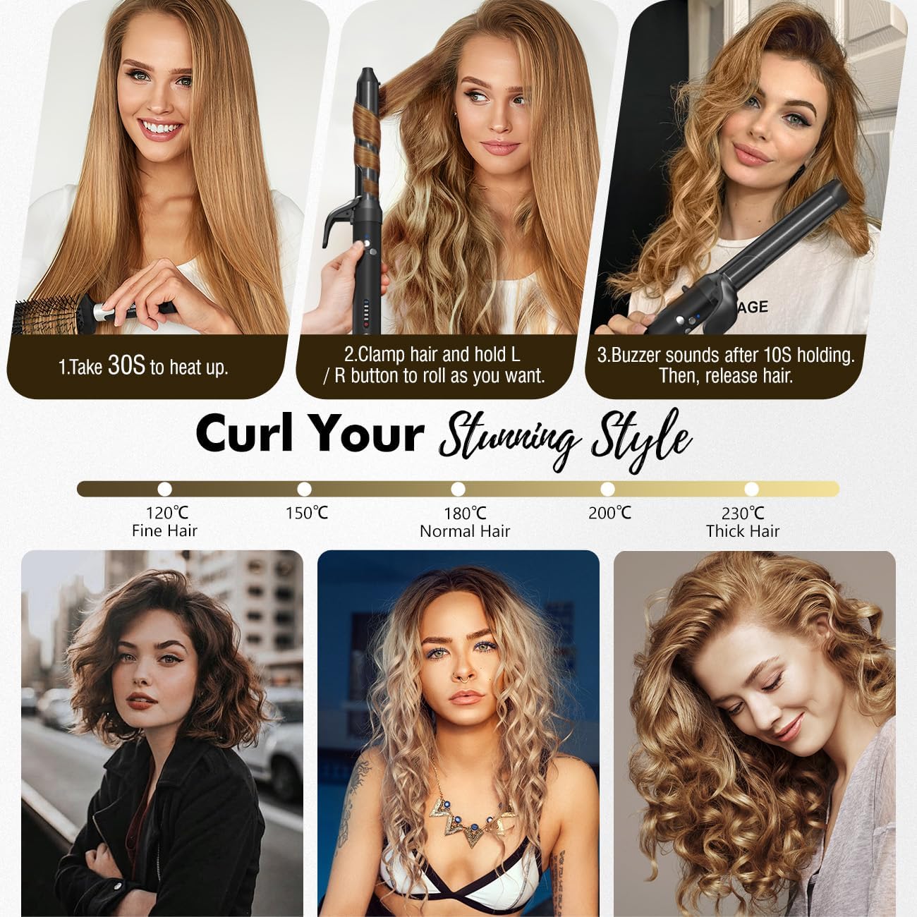 Luxspire Boucleur a Cheveux Automatique, 32mm Fer à Boucler Rotation à 360° Boucleur Automatique Revêtement en Nano Titane 120-230 TempératuresRéglable Fer à Friser pour Cheveux Longs et Moyens, Noir