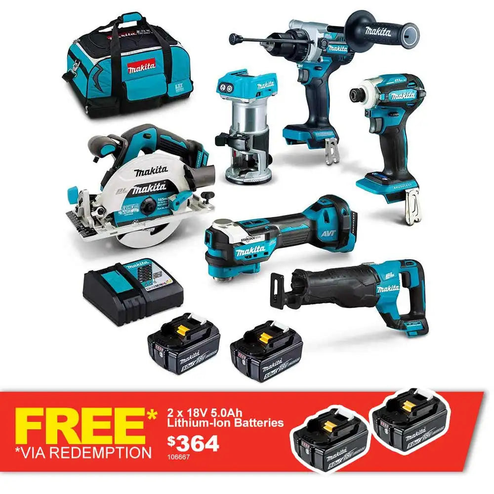 KIT COMBO MAKITA 18 V SANS BALAIS 6 PIÈCES 2 X 5,0 AH DLX6120TX1 