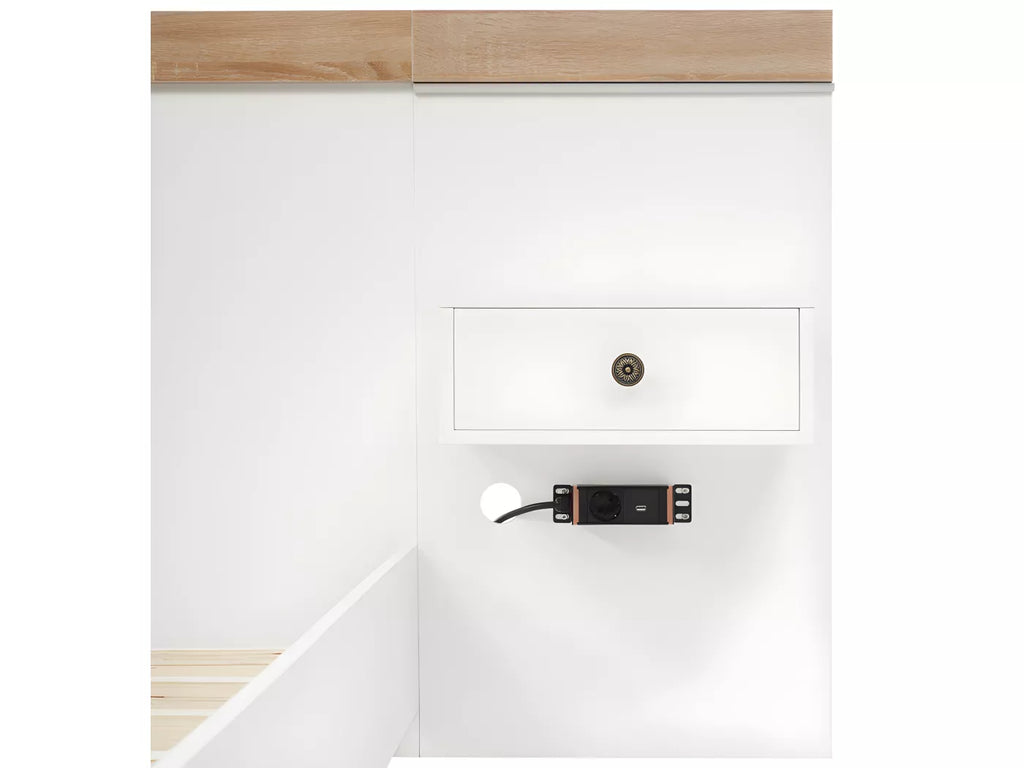 Lit adulte 180x200 cm en bois avec chevets suspendus + LED et ports USB + sommier à lattes - Blanc