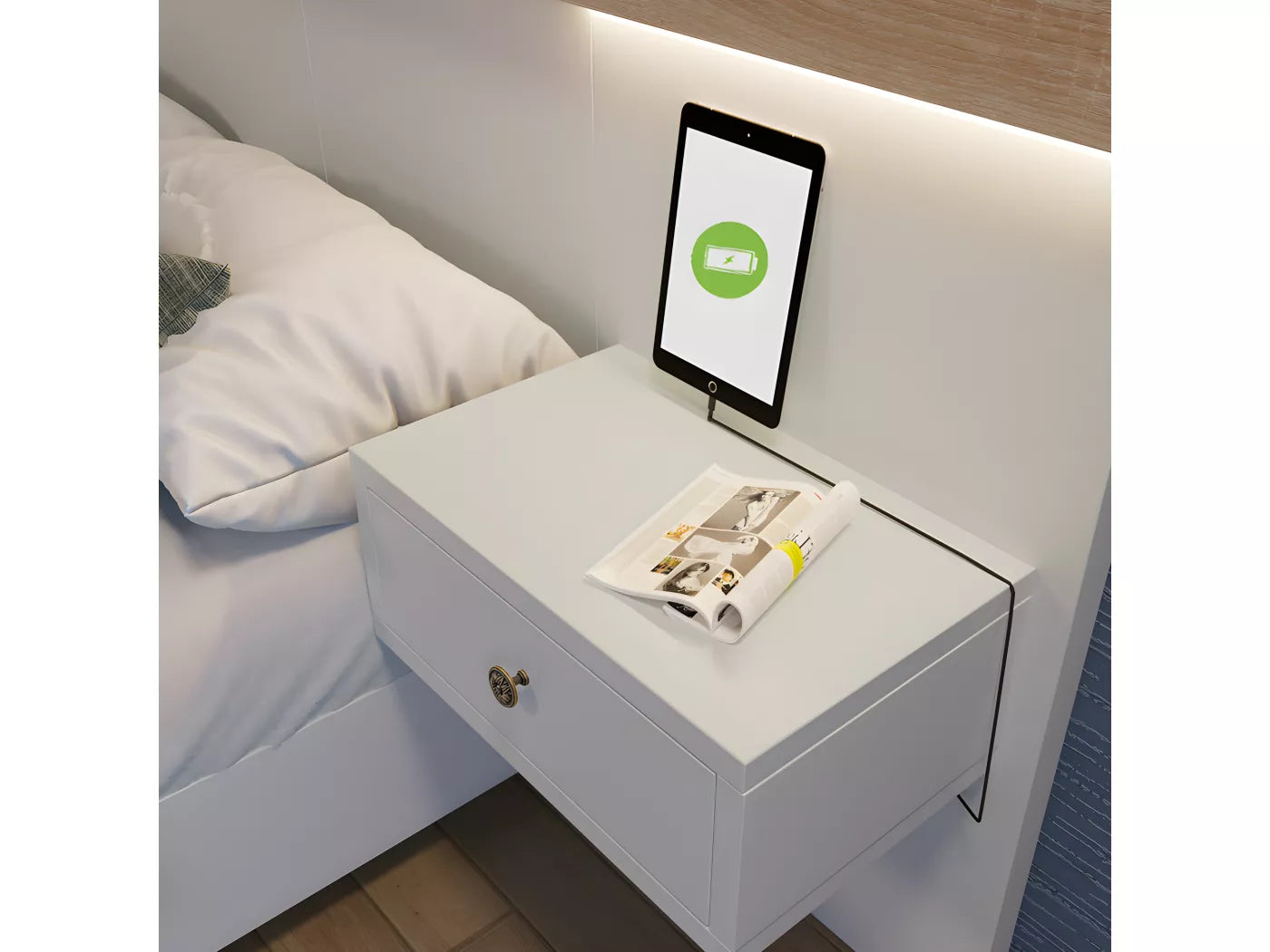 Lit adulte 180x200 cm en bois avec chevets suspendus + LED et ports USB + sommier à lattes - Blanc
