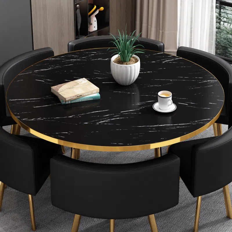 Table à manger ronde effet marbre noir et chaises encastrable PopUp XL