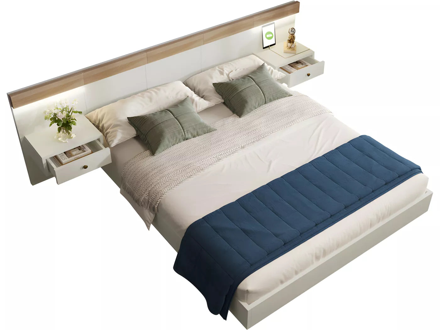 Lit adulte 180x200 cm en bois avec chevets suspendus + LED et ports USB + sommier à lattes - Blanc
