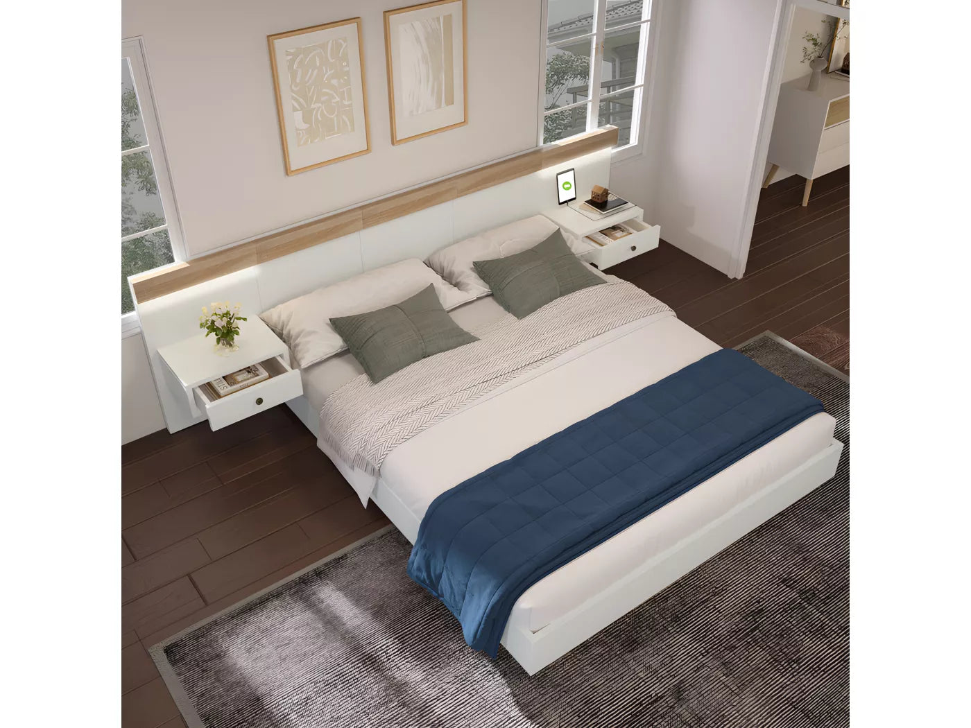 Lit adulte 180x200 cm en bois avec chevets suspendus + LED et ports USB + sommier à lattes - Blanc