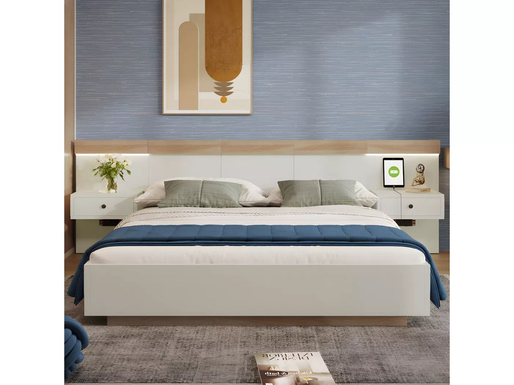 Lit adulte 180x200 cm en bois avec chevets suspendus + LED et ports USB + sommier à lattes - Blanc