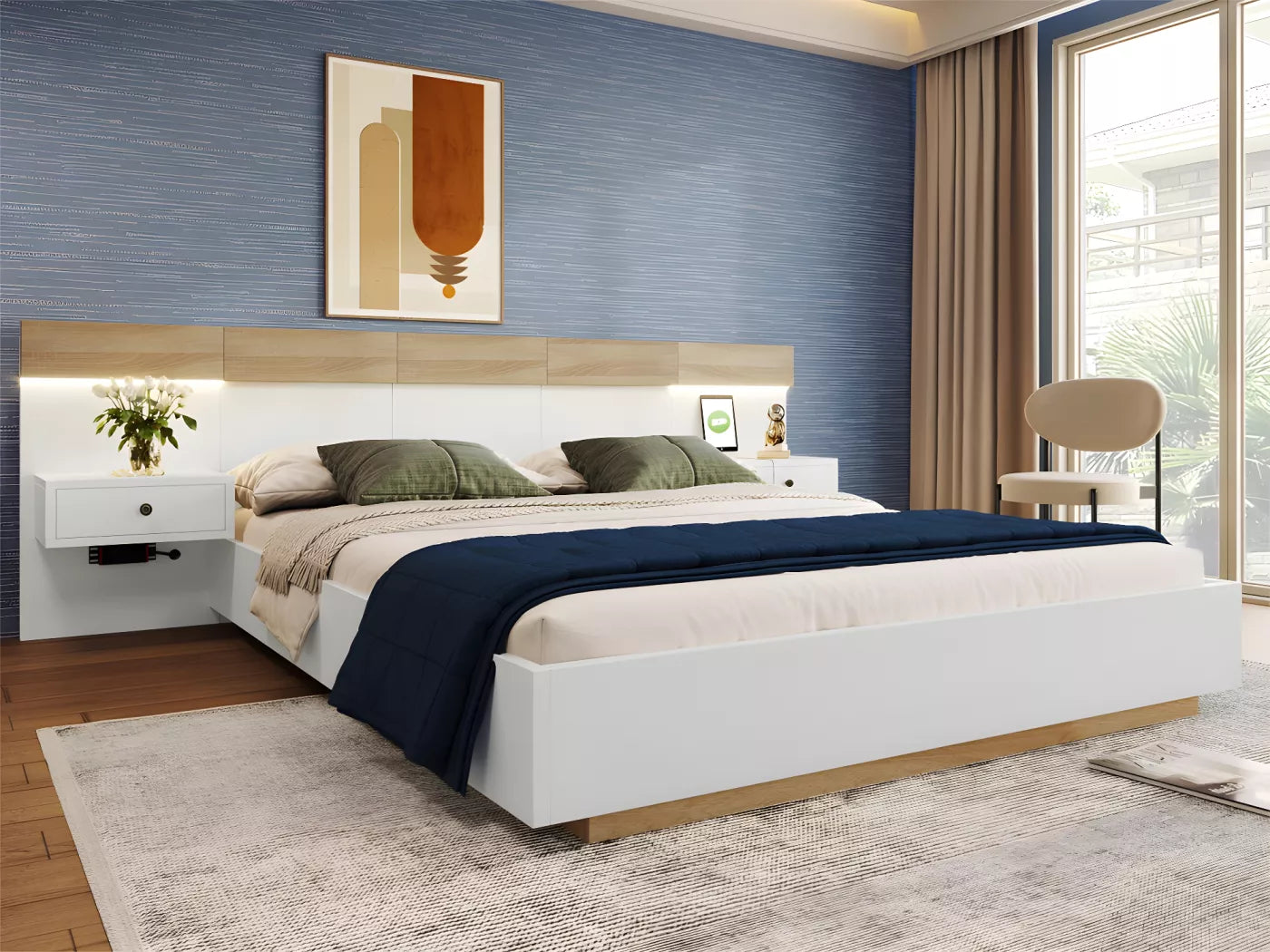 Lit adulte 180x200 cm en bois avec chevets suspendus + LED et ports USB + sommier à lattes - Blanc
