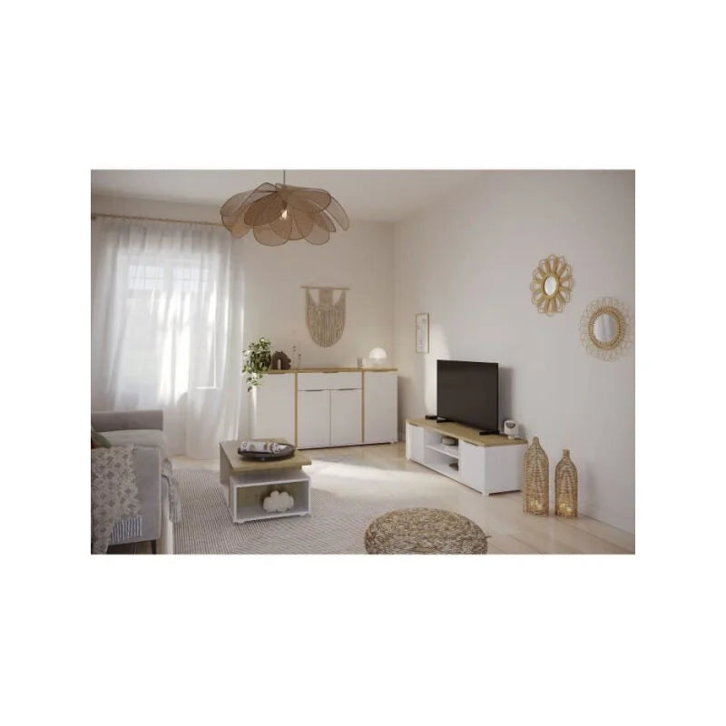 Ensemble Salon ACCESS : Table basse + Banc TV + Enfilade 4 portes - Decor chene Hamilton et blanc