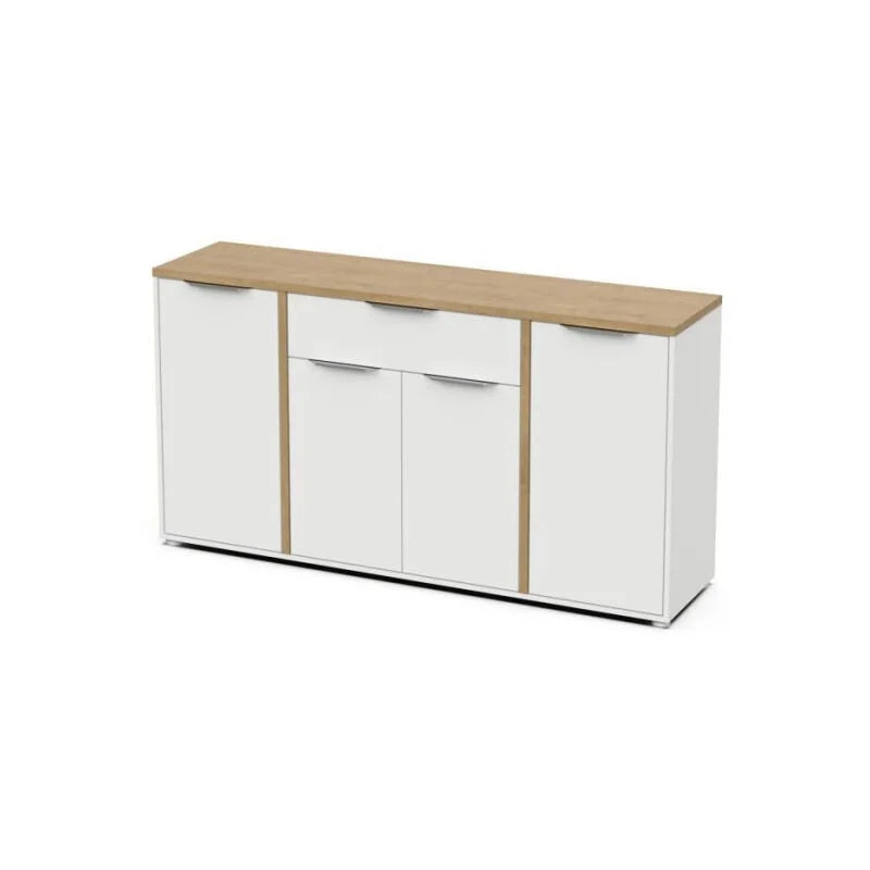Ensemble Salon ACCESS : Table basse + Banc TV + Enfilade 4 portes - Decor chene Hamilton et blanc