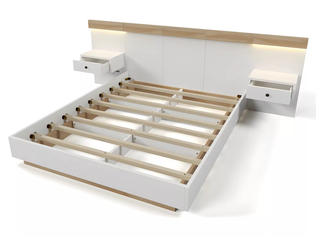 Lit adulte 180x200 cm en bois avec chevets suspendus + LED et ports USB + sommier à lattes - Blanc