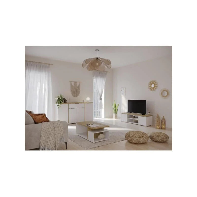 Ensemble Salon ACCESS : Table basse + Banc TV + Enfilade 4 portes - Decor chene Hamilton et blanc